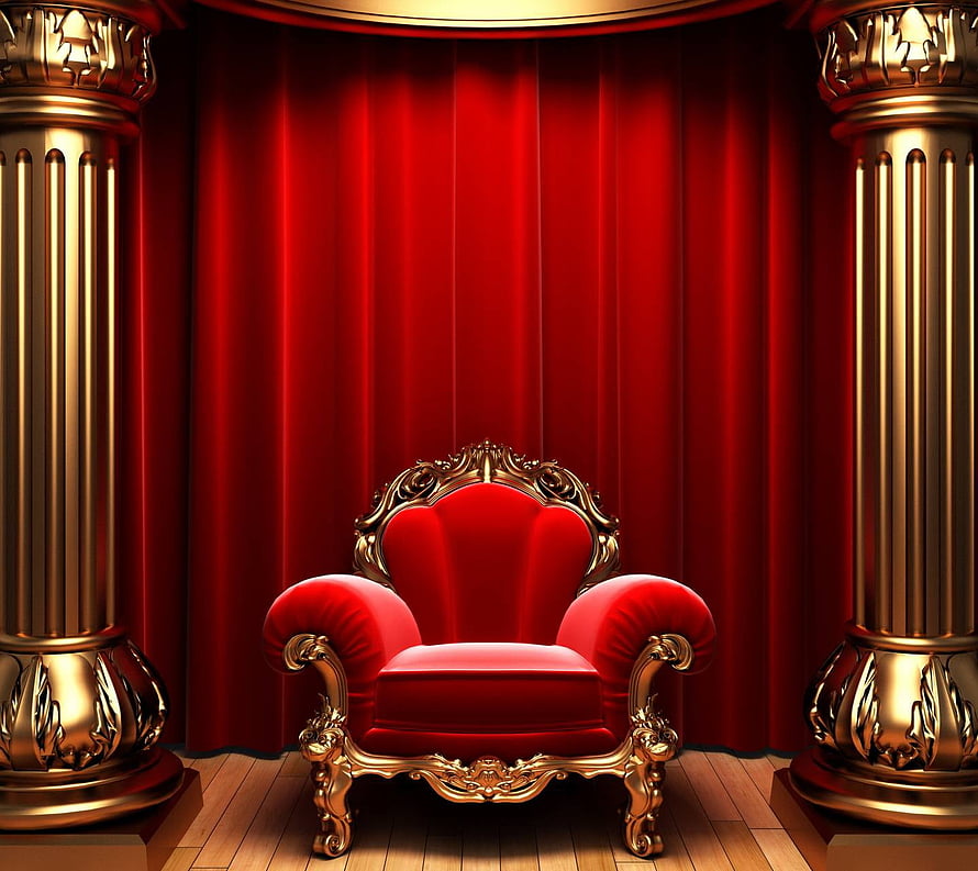 Ornate Red Velvet Throne with Gold Baroque Frame in a Grand Hall with Crimson Curtains and Gilded Columns HD wallpaper