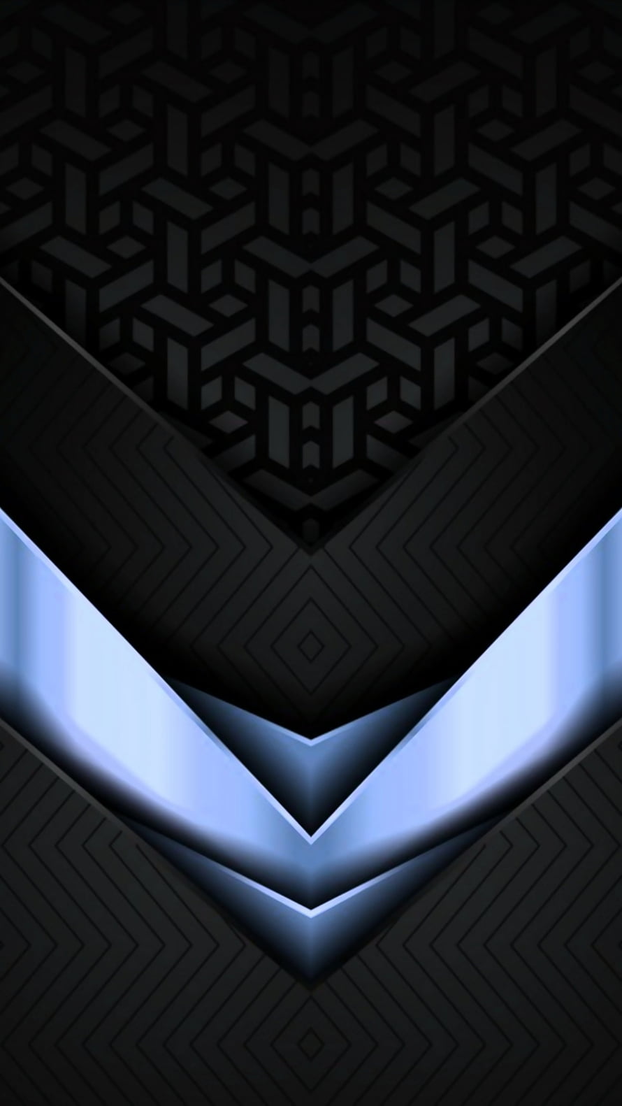 Dark Geometric Chevron Pattern with Glowing Blue Neon Accents and 3D Depth HD phone wallpaper