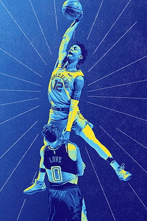 Ja Morant Grizzlies Dunk Over Karl-Anthony Towns in Stylized Blue and Yellow NBA Artwork HD phone wallpaper