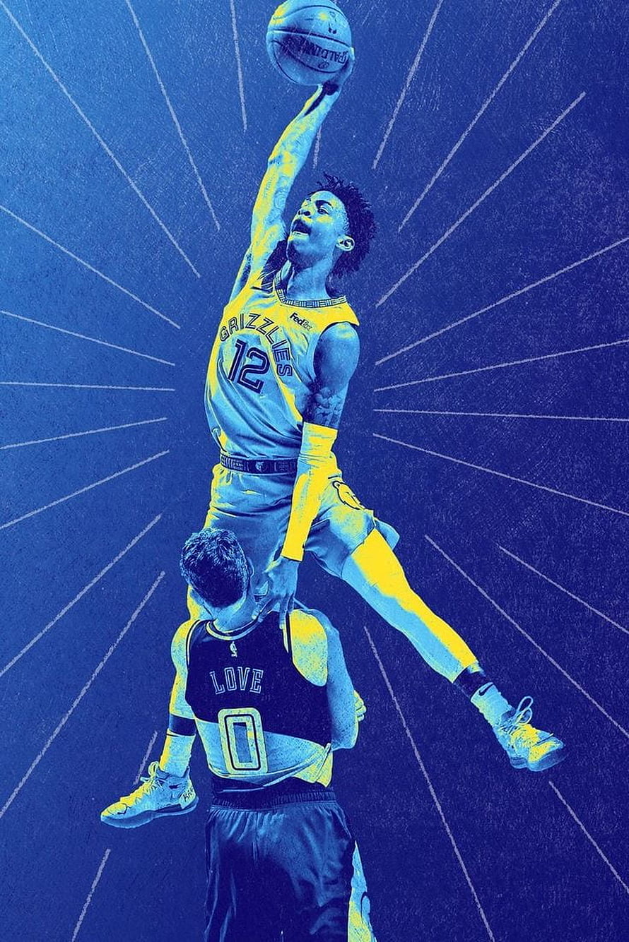 Ja Morant Grizzlies Dunk Over Karl-Anthony Towns in Stylized Blue and Yellow NBA Artwork HD phone wallpaper