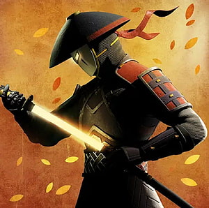 Shadow Fight 3 Warrior in Black Armor Drawing Glowing Katana Against Autumn Leaf Background HD wallpaper