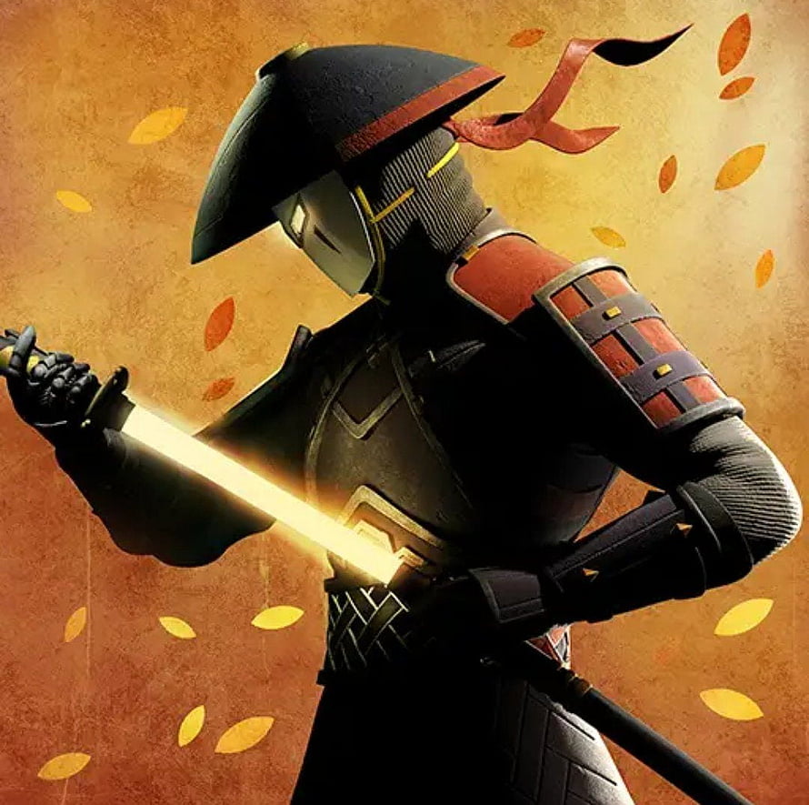 Shadow Fight 3 Warrior in Black Armor Drawing Glowing Katana Against Autumn Leaf Background HD wallpaper