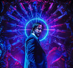 John Wick 3 Neon Cyberpunk Poster with Radiant Halo and Weapon Array HD wallpaper