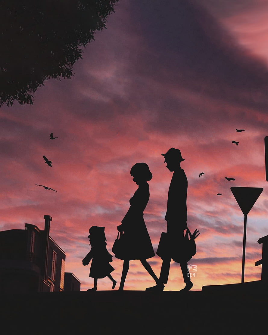 Spy x Family Silhouette: Loid, Yor, and Anya Walking at Sunset HD phone wallpaper