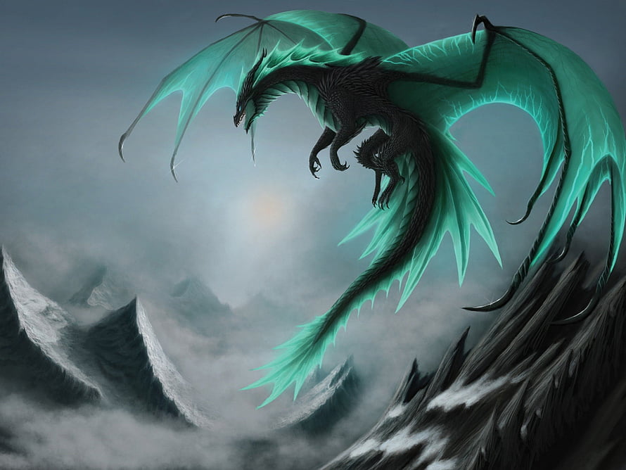 Dark Fantasy Dragon with Glowing Teal Wings Soaring Over Snowy Peaks HD wallpaper
