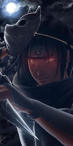 Itachi Uchiha Sharingan Anime Character Portrait With Mask And Kunai Under Moonlight HD phone wallpaper