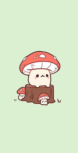 Cute Kawaii Mushroom Character Sitting on a Tree Stump with Friends HD phone wallpaper