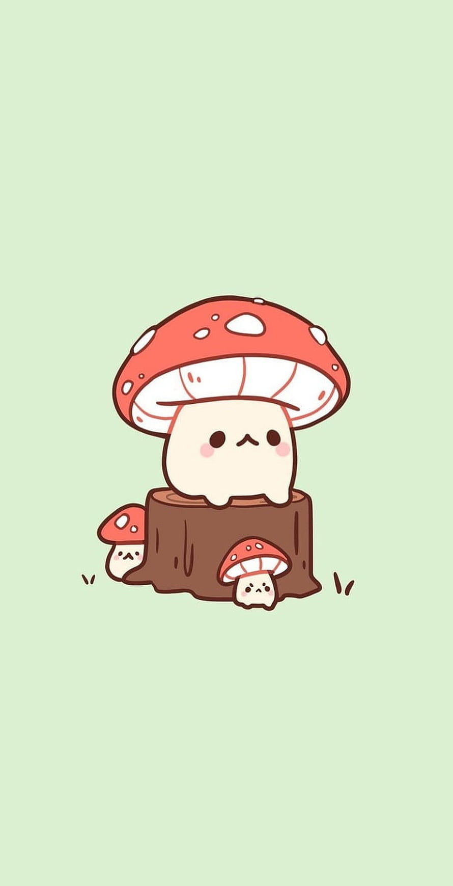 Cute Kawaii Mushroom Character Sitting on a Tree Stump with Friends HD phone wallpaper