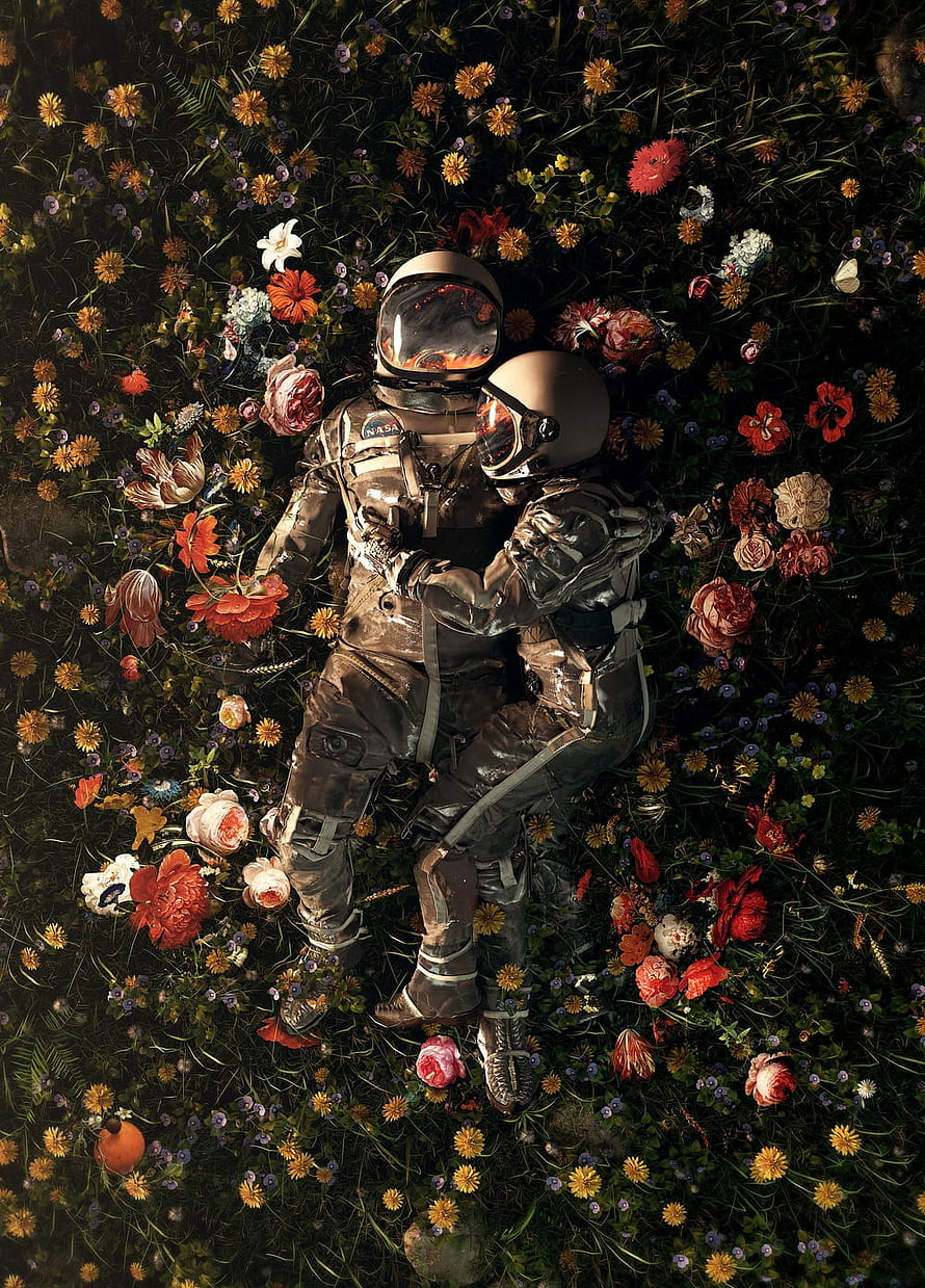 Two Astronauts Embracing in a Lush Wildflower Field HD phone wallpaper