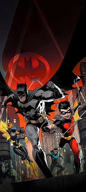 Batman, Robin, Batgirl, and Nightwing Leaping Over Gotham City Under a Red Bat Signal HD phone wallpaper