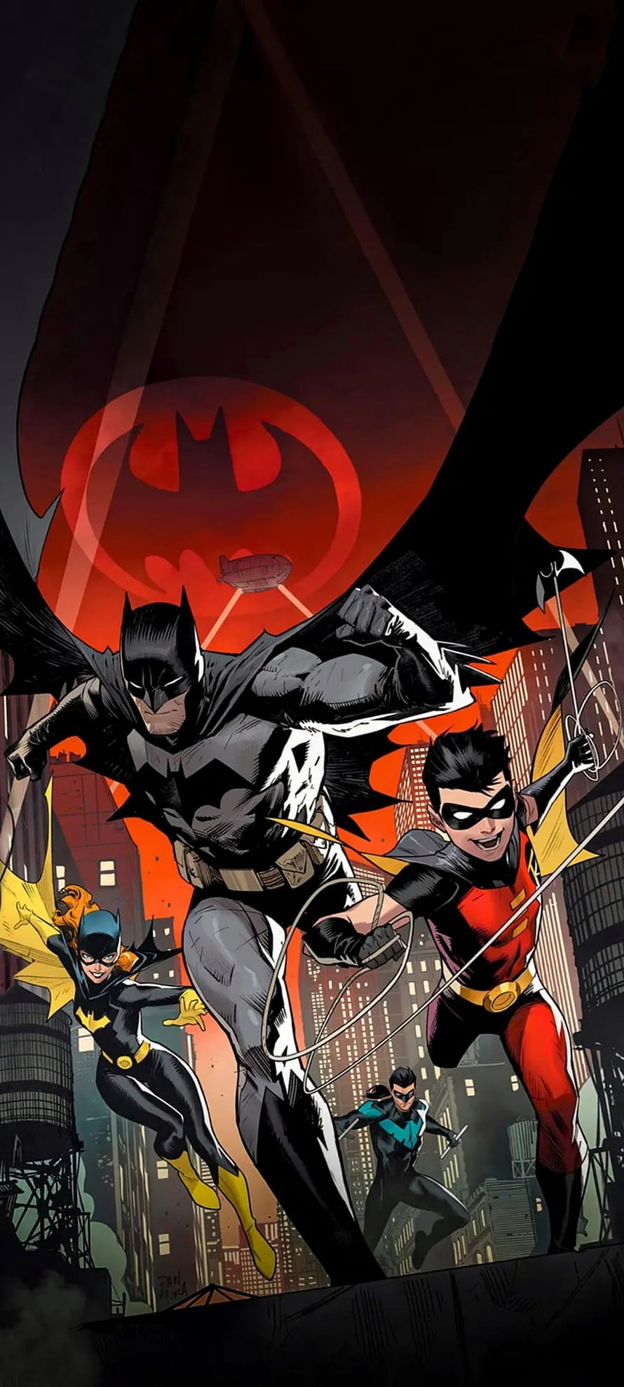 Batman, Robin, Batgirl, and Nightwing Leaping Over Gotham City Under a Red Bat Signal HD phone wallpaper