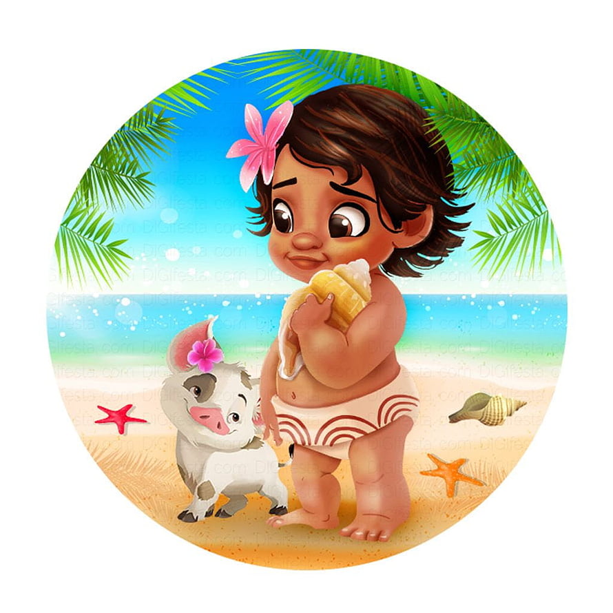 Cute Baby Moana and Pua Taniwha on a Tropical Beach with Seashells and Palm Leaves HD phone wallpaper
