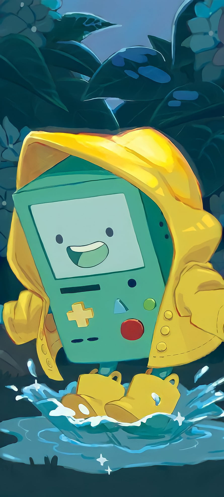 BMO from Adventure Time wearing a yellow raincoat and boots splashing in a puddle HD phone wallpaper