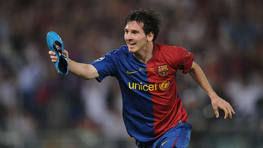 Lionel Messi Celebrating in Barcelona Kit During UEFA Champions League Final HD wallpaper