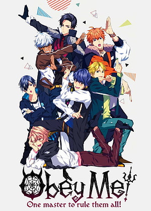 Obey Me! Anime Group Poster Featuring Seven Male Characters in Dynamic Poses HD phone wallpaper