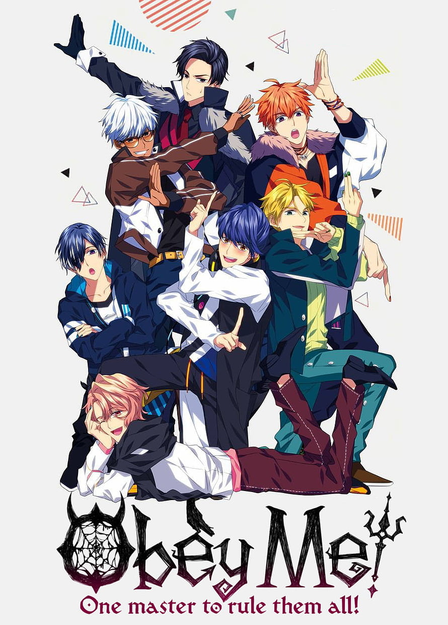 Obey Me! Anime Group Poster Featuring Seven Male Characters in Dynamic Poses HD phone wallpaper