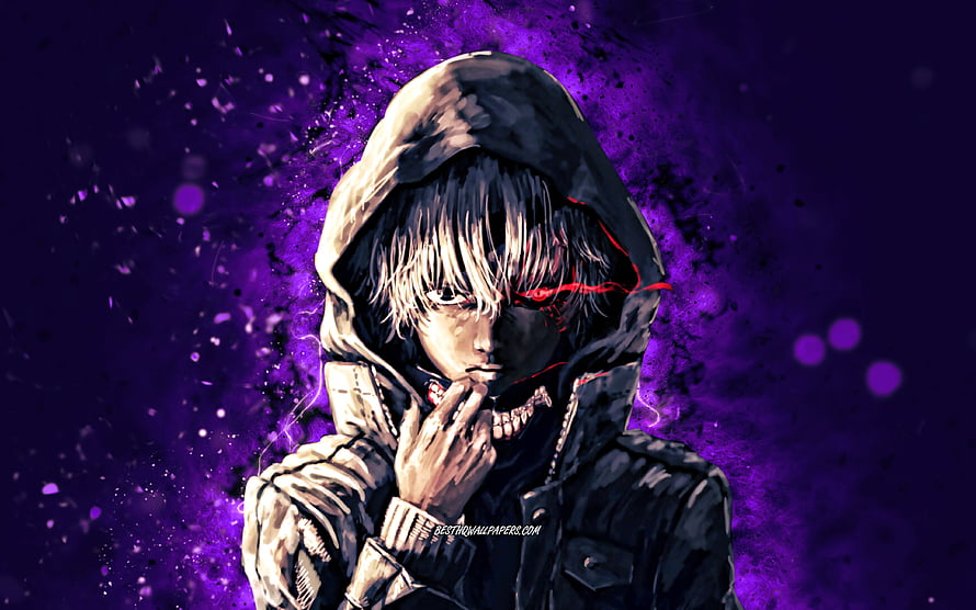 Ken Kaneki from Tokyo Ghoul in a hooded jacket with glowing red eyes against a purple background HD wallpaper