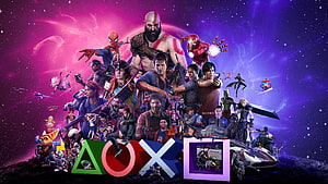 PlayStation 5 Game Lineup Featuring Kratos, Spider-Man, Iron Man, and Final Fantasy Characters HD wallpaper