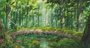 Serene Mossy Forest Bridge Overstream With Sunlight And Pink Flowers HD wallpaper