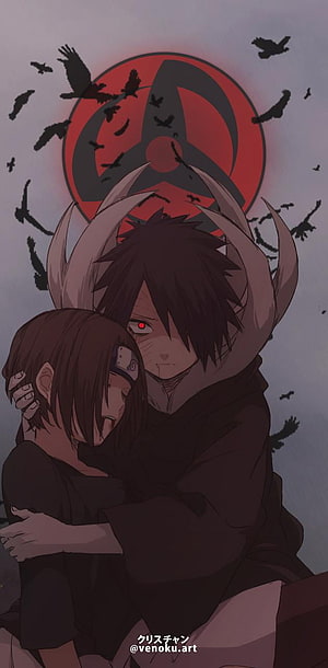 Itachi Uchiha and Sasuke Uchiha embracing with Akatsuki cloud symbol and crows in the background HD phone wallpaper