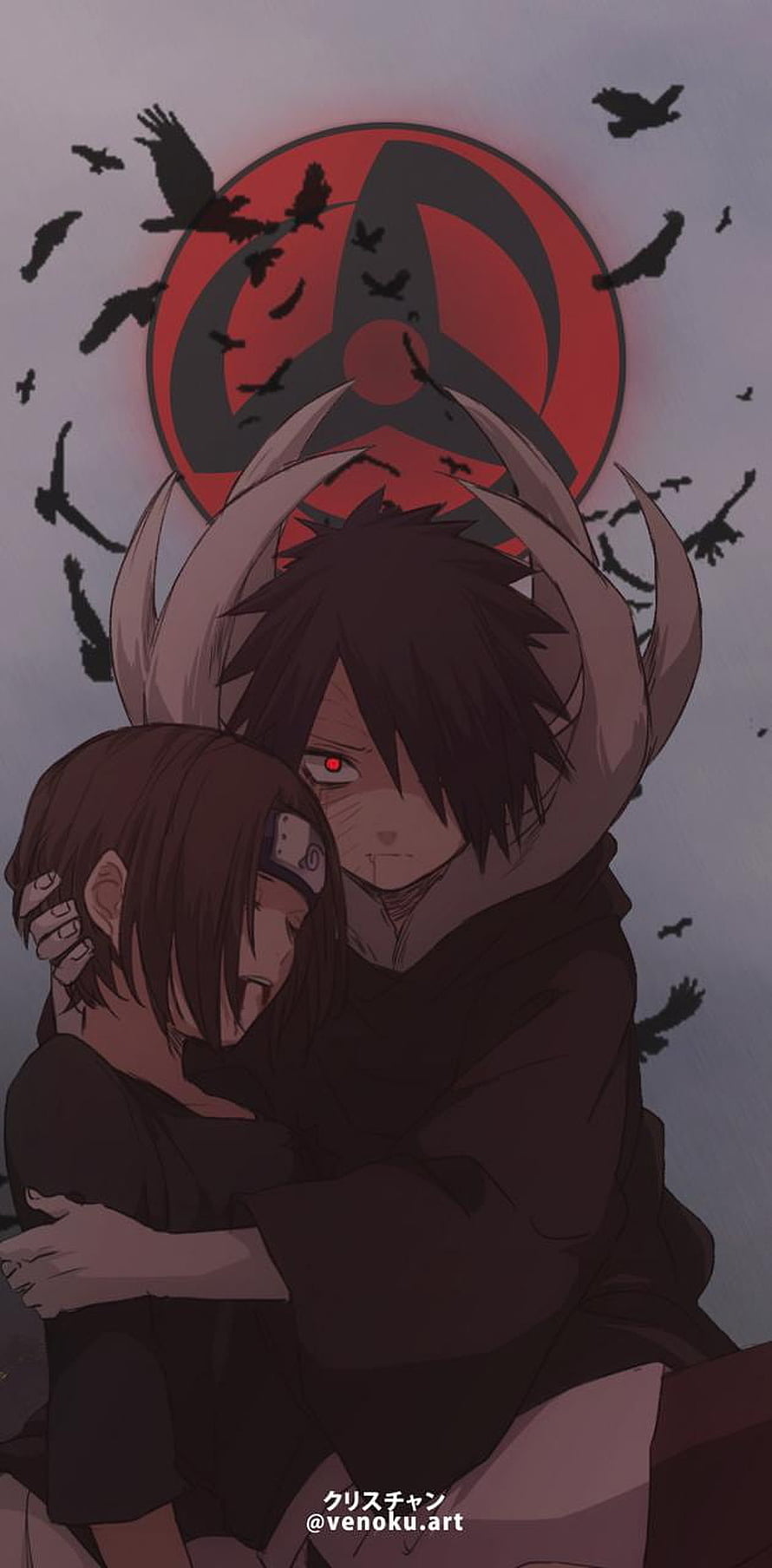 Itachi Uchiha and Sasuke Uchiha embracing with Akatsuki cloud symbol and crows in the background HD phone wallpaper