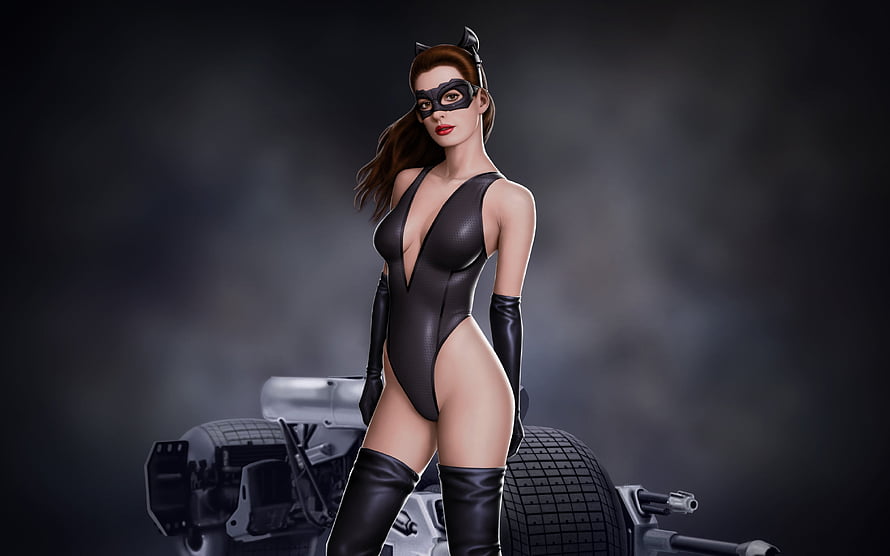 Catwoman in Black Leather Suit and Mask Standing Beside Motorcycle, The Dark Knight Rises 2012, black, mask, actress, fantasy, the dark knight rises, movie, comics, batman, Anne Hathaway, catwoman HD wallpaper