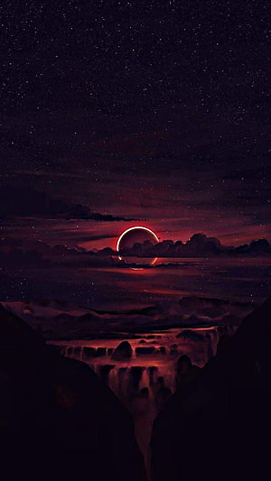 Dark Fantasy Landscape With Red Solar Eclipse Over Waterfall And Starry Night Sky HD phone wallpaper