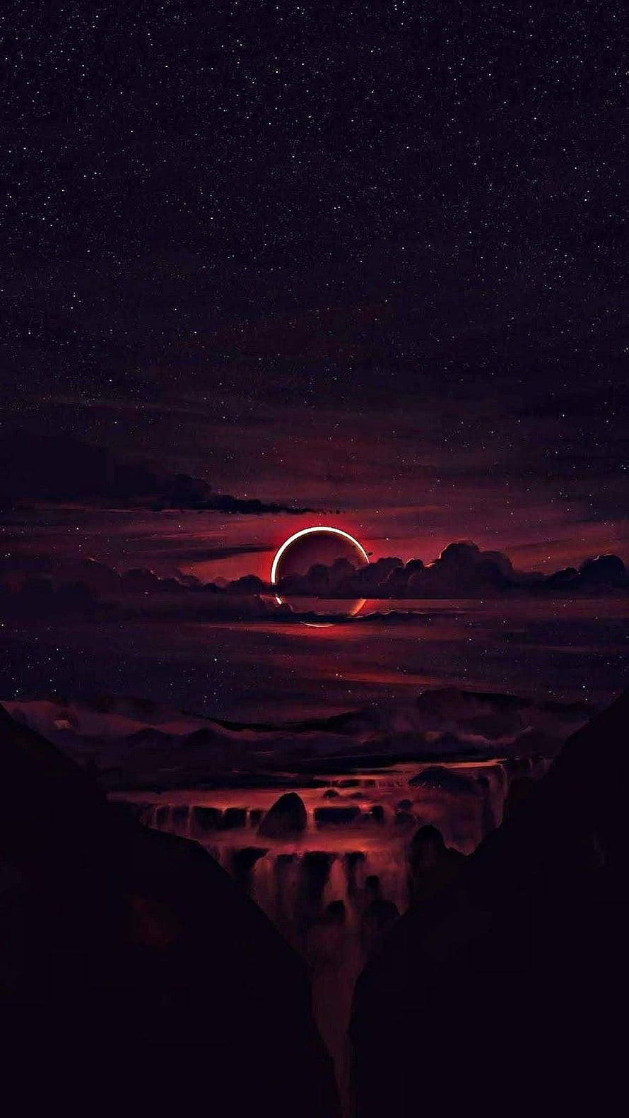 Dark Fantasy Landscape With Red Solar Eclipse Over Waterfall And Starry Night Sky HD phone wallpaper