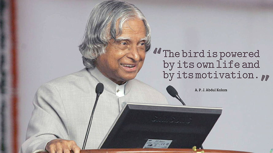 A. P. J. Abdul Kalam at a podium with an inspirational quote about motivation and life HD wallpaper