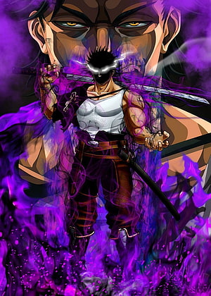 Jotaro Kujo and Joseph Joestar anime art with purple energy and swords HD phone wallpaper