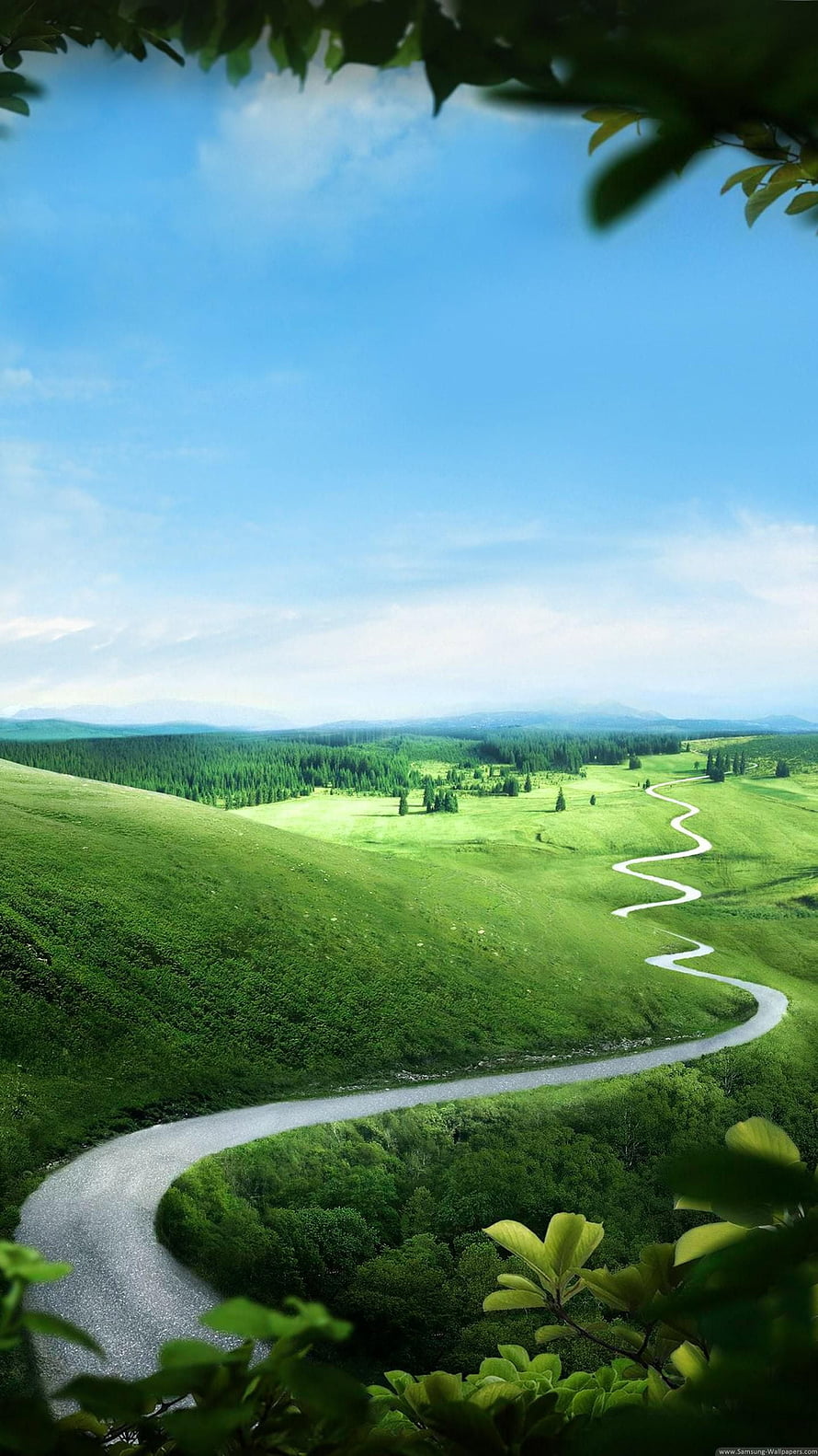 Winding Country Road Through Lush Green Rolling Hills Under a Clear Blue Sky HD phone wallpaper