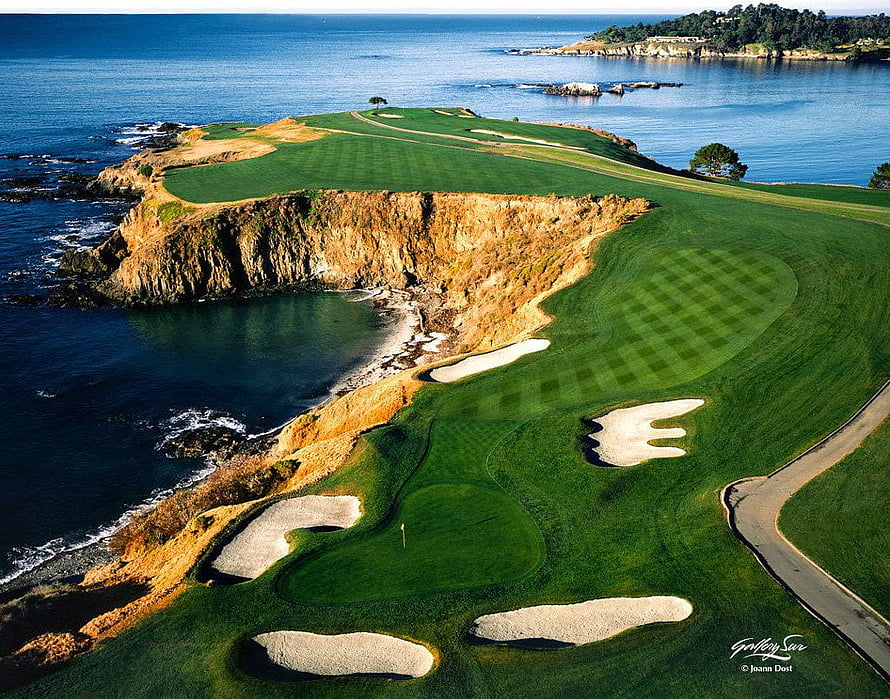 Aerial View of Pebble Beach Golf Course Fairway and Ocean Cliffs HD wallpaper