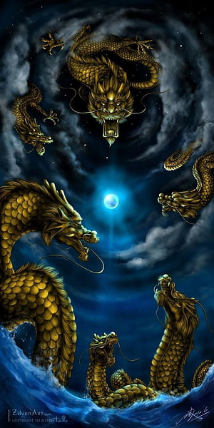 Golden Chinese Dragons Circling a Glowing Moon in Stormy Night Sky HD phone wallpaper