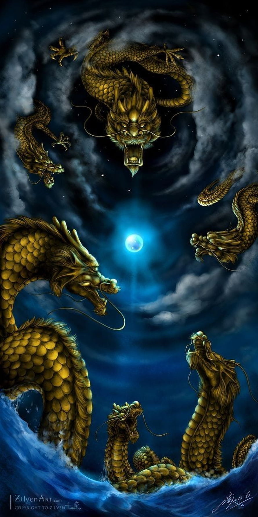 Golden Chinese Dragons Circling a Glowing Moon in Stormy Night Sky HD phone wallpaper