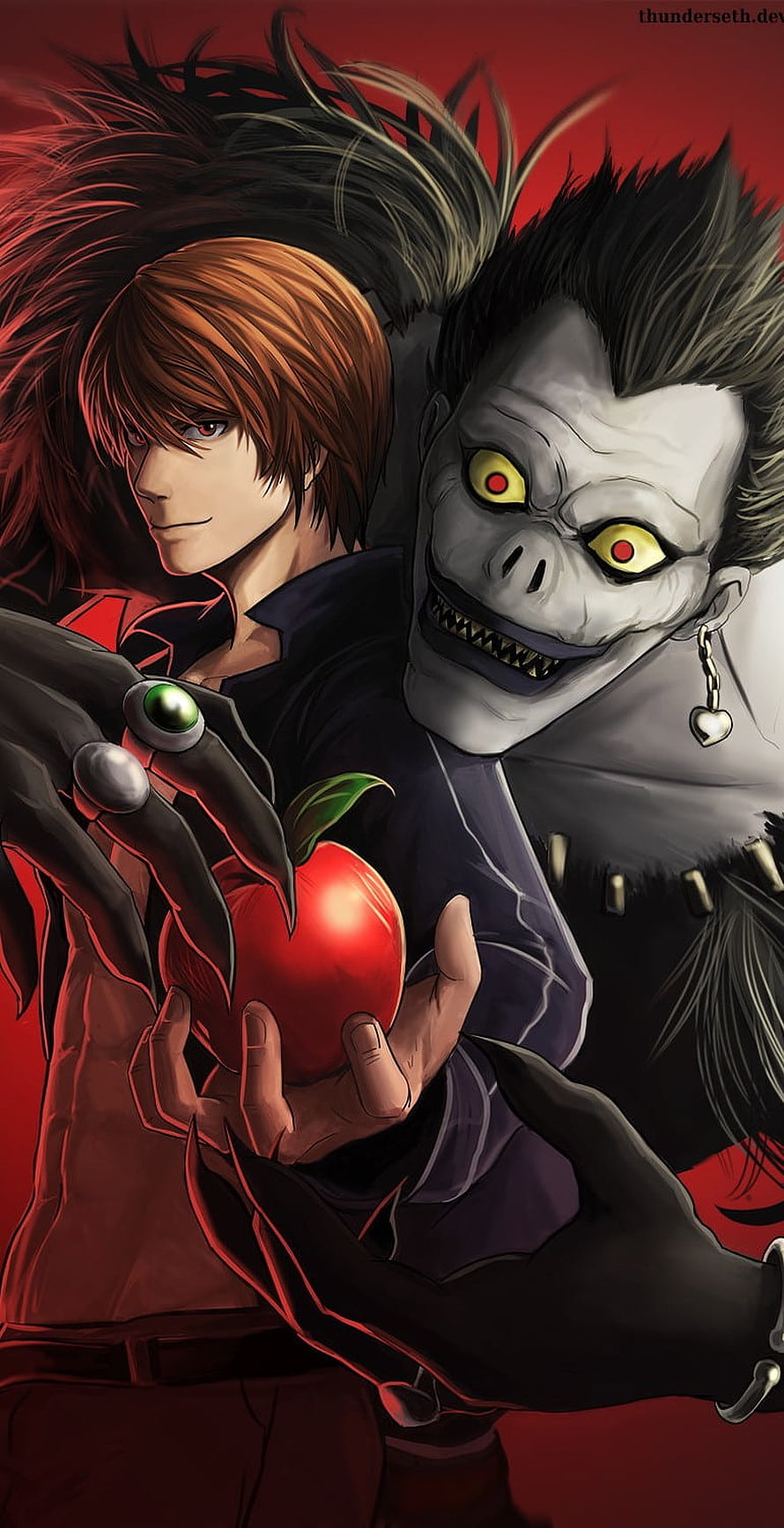 Death Note Anime Artwork Featuring Light Yagami and Ryuk Holding a Red Apple HD phone wallpaper