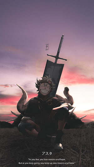 Asta from Black Clover Sitting in a Field with His Anti-Magic Sword at Sunset HD phone wallpaper