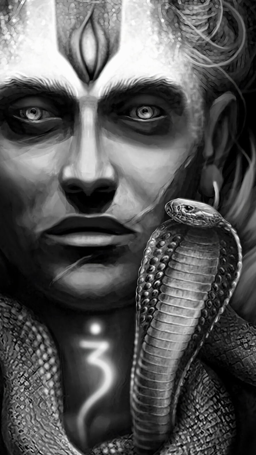 Monochrome Portrait of Lord Shiva with Cobra and Third Eye HD phone wallpaper
