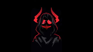 Dark Hooded Demon Character With Glowing Red Eyes And Horns HD wallpaper