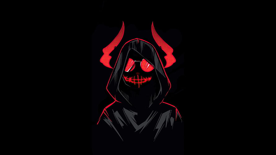 Dark Hooded Demon Character With Glowing Red Eyes And Horns HD wallpaper
