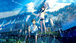 Taki and Hina in the Rain from Weathering with You Anime Film HD wallpaper