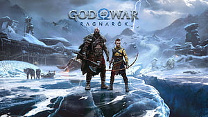 God of War Ragnarok Kratos and Atreus Standing on Frozen Ice in Snowy Nordic Landscape HD wallpaper