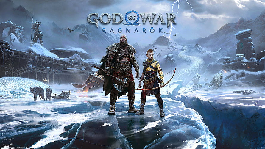 God of War Ragnarok Kratos and Atreus Standing on Frozen Ice in Snowy Nordic Landscape HD wallpaper