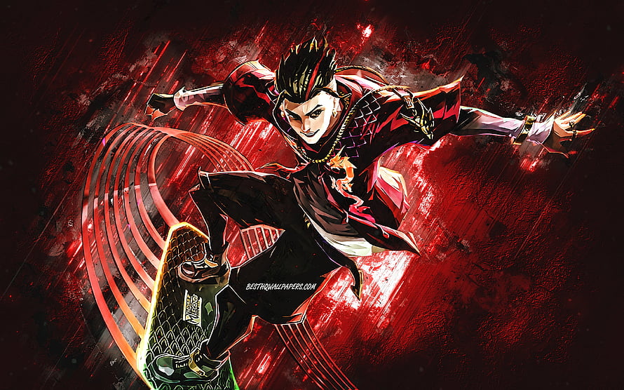 Chou STUN Skin from Mobile Legends in Dynamic Action Pose with Red Grunge Background HD wallpaper