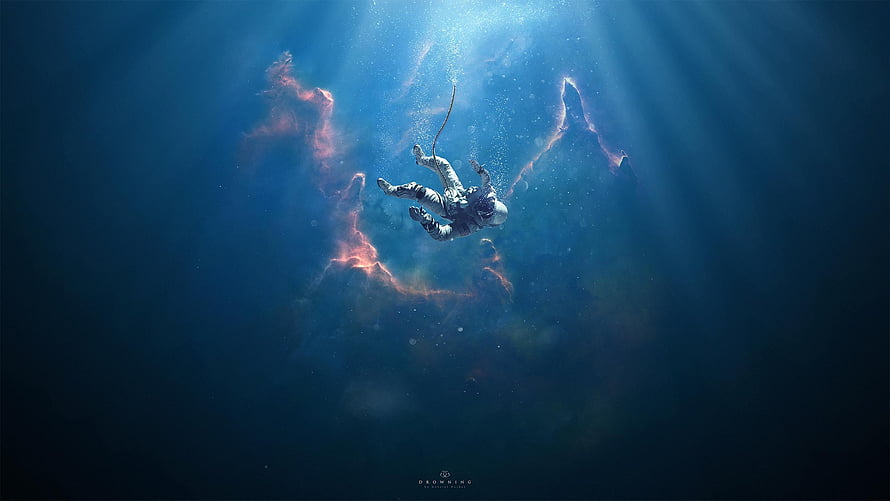 Astronaut Drifting Through Deep Blue Nebula with Ethereal Light Rays HD wallpaper