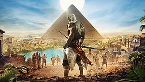Assassin's Creed Origins protagonist overlooking the Giza pyramids and Nile river in ancient Egypt HD wallpaper