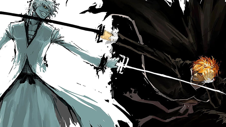 Bleach Anime Sword Fight Scene with Ichigo and Aizen in Dynamic Action Pose HD wallpaper