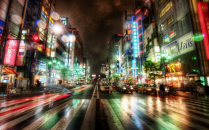Vibrant Tokyo Street Scene at Night with Neon Lights and Rain Reflections HD wallpaper
