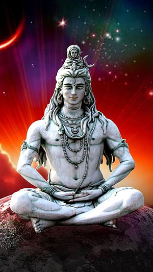 Meditating Lord Shiva Statue on Cosmic Planet Background HD phone wallpaper