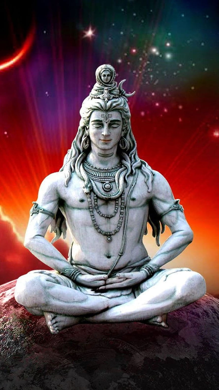 Meditating Lord Shiva Statue on Cosmic Planet Background HD phone wallpaper
