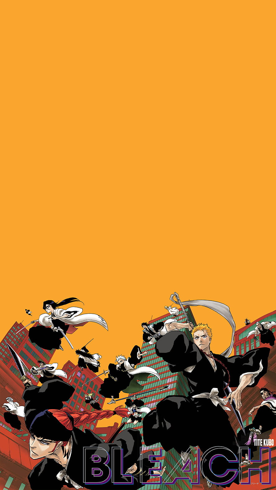 Bleach anime characters group action scene with Ichigo Kurosaki and Rukia Kuchiki on orange background HD phone wallpaper